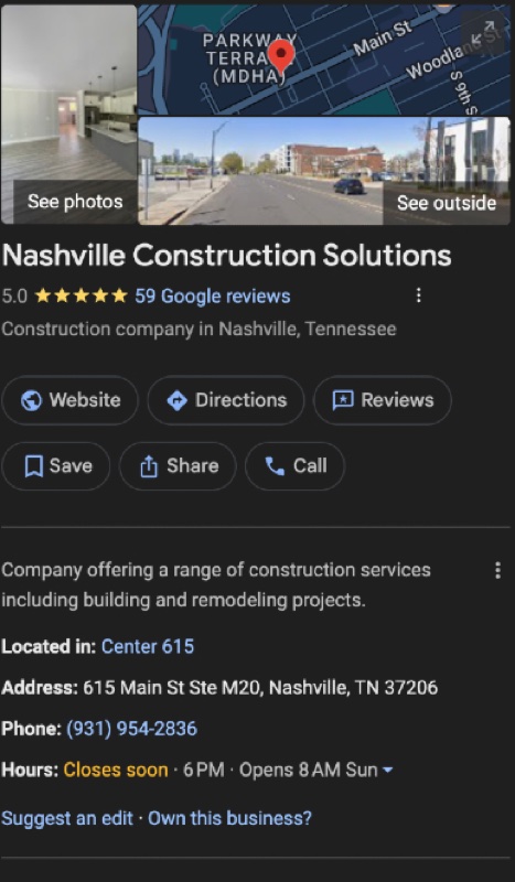 Nashville Construction Solutions on Google: 5.0 stars, 59 reviews